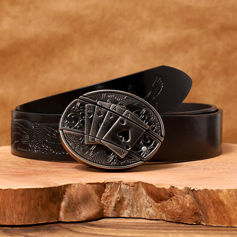 Men's DIY Poker 4 Ace Hidden Folding Knife Leather Belt - Poker 4 Ace - Black Embossed Eagle Belt - 42 - image 6