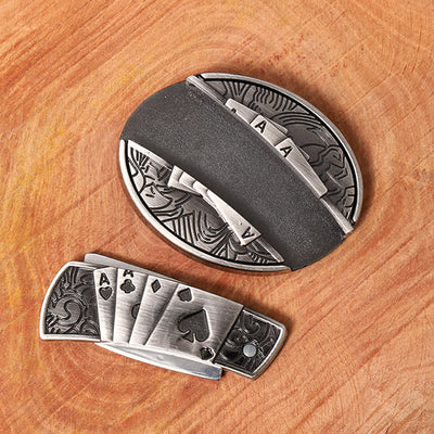Men's DIY Poker 4 Ace Hidden Folding Knife Leather Belt