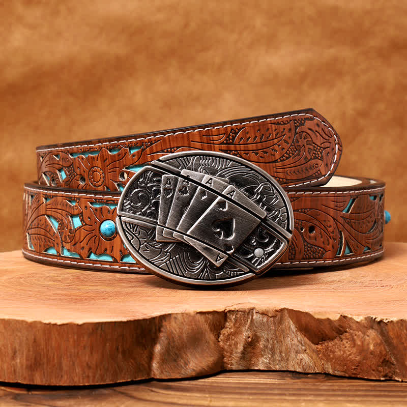 Men's DIY Poker 4 Ace Hidden Folding Knife Leather Belt