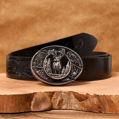 Men's DIY Forest Deer Hidden Folding Knife Leather Belt