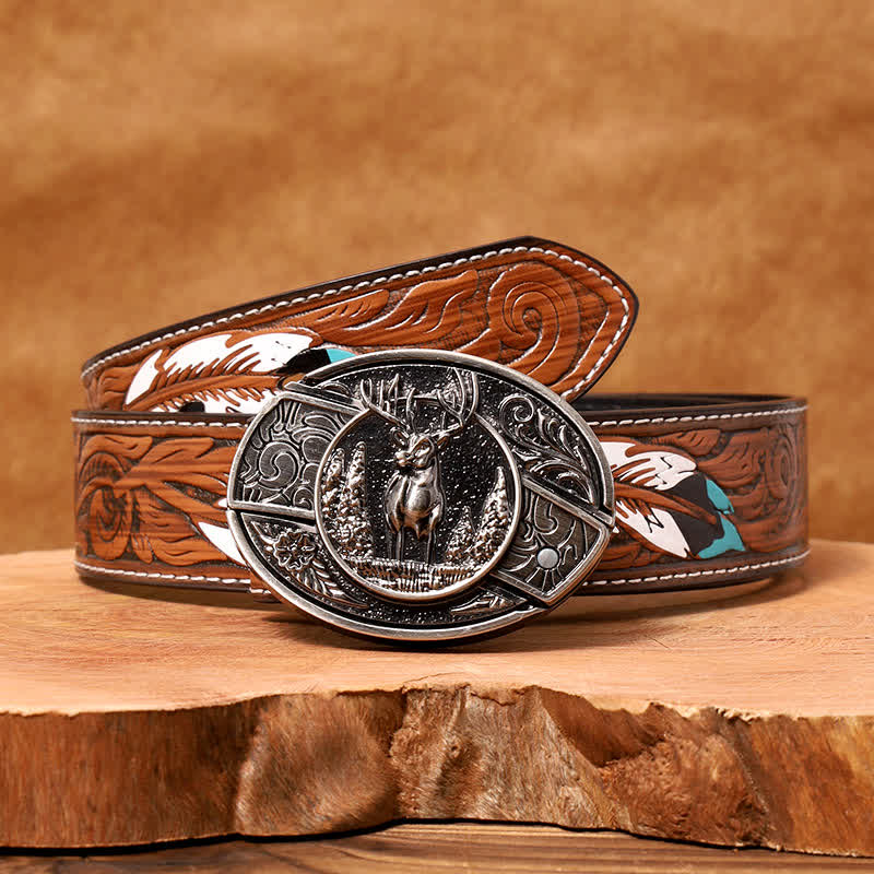 Men's DIY Forest Deer Hidden Folding Knife Leather Belt
