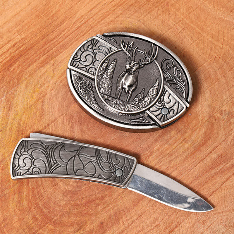 Men's DIY Forest Deer Hidden Folding Knife Leather Belt