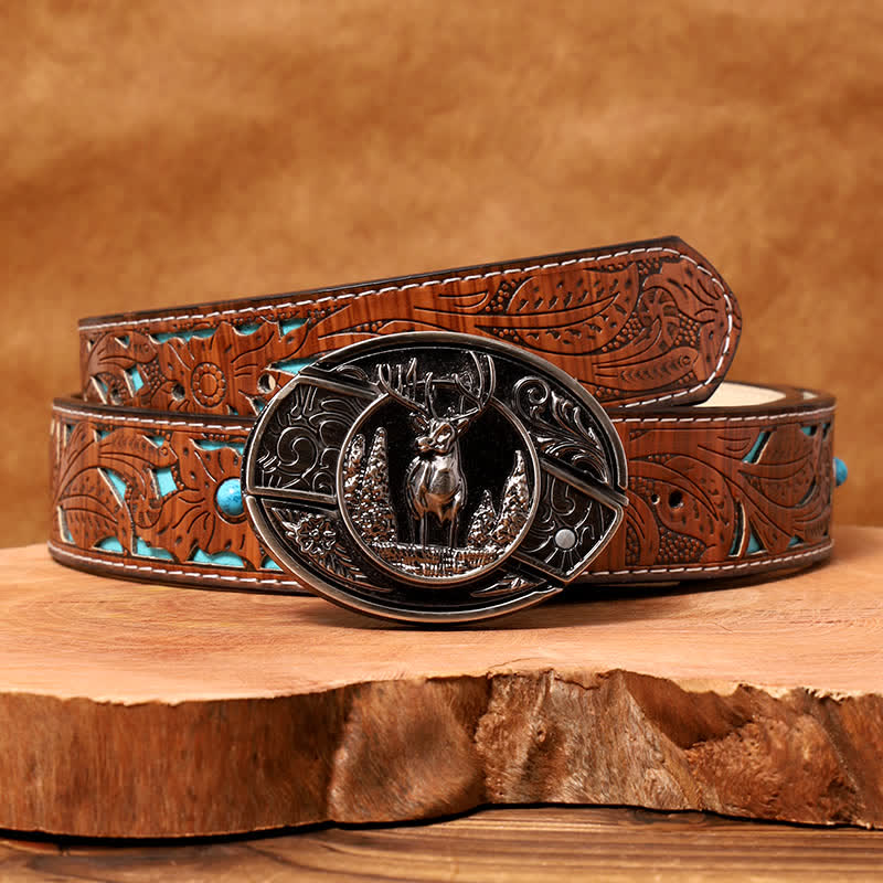 Men's DIY Forest Deer Hidden Folding Knife Leather Belt