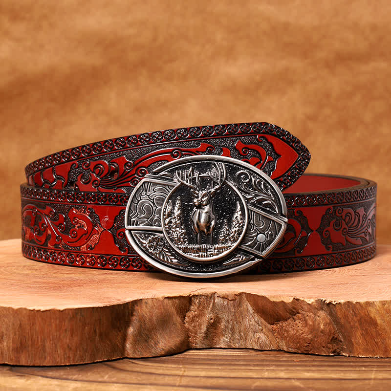 Men's DIY Forest Deer Hidden Folding Knife Leather Belt