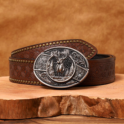 Men's DIY Forest Deer Hidden Folding Knife Leather Belt