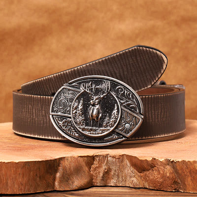 Men's DIY Forest Deer Hidden Folding Knife Leather Belt