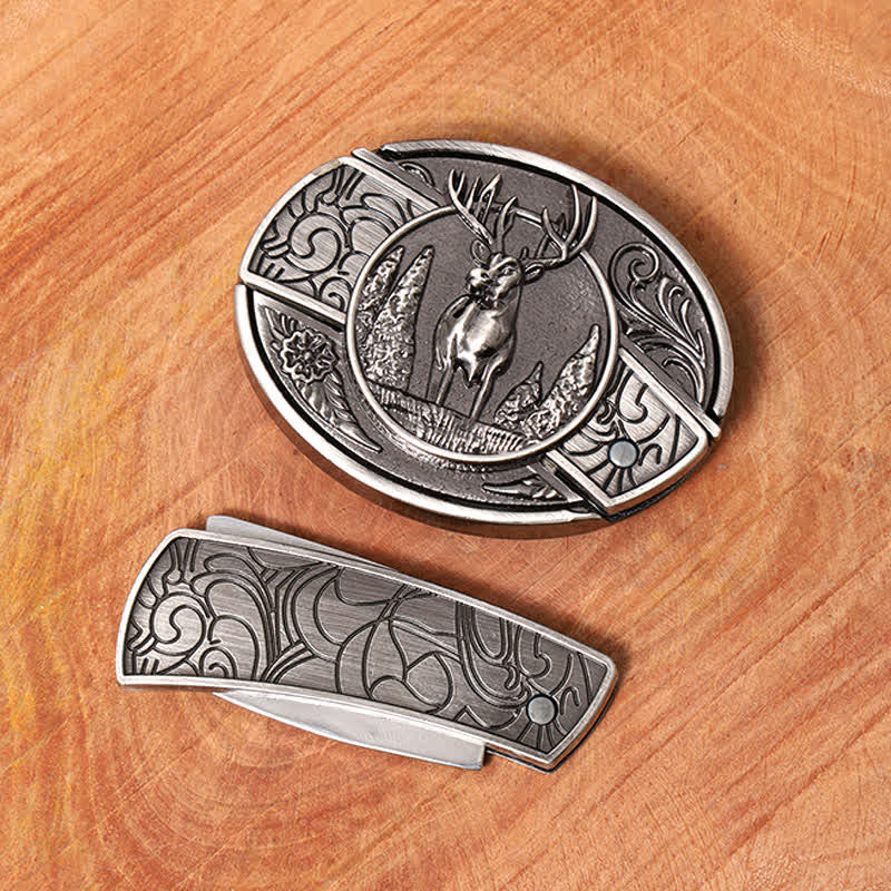 Men's DIY Forest Deer Hidden Folding Knife Leather Belt