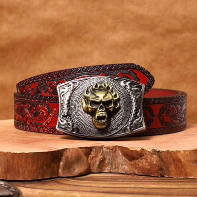 Men's DIY Flame Skull Hidden Folding Knife Leather Belt