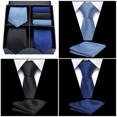 6Pcs Men's Blue & Black Solid Color Necktie Pocket Square Set Gift Box