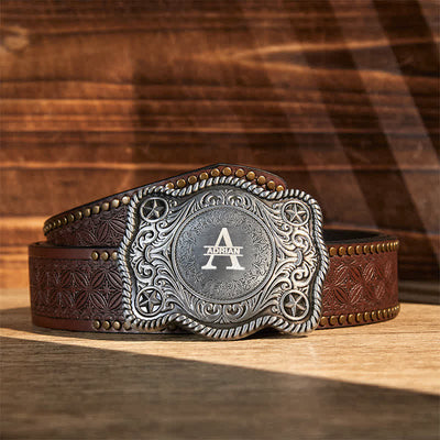 Custom Monogram Name DIY Carved Western Buckle Leather Belt