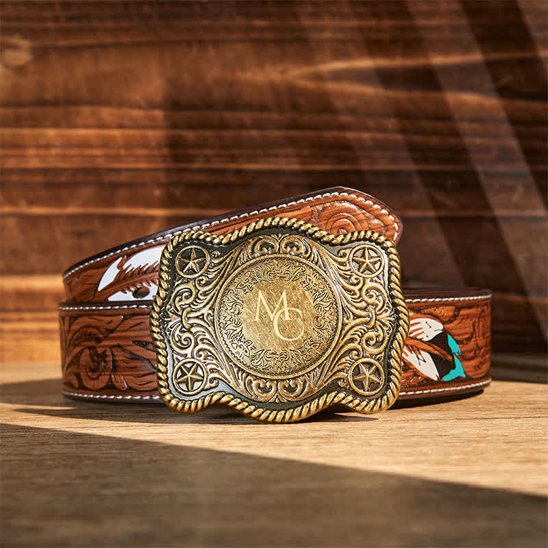 Custom Monogram Name DIY Carved Western Buckle Leather Belt