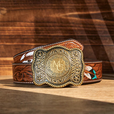 Custom Monogram Name DIY Carved Western Buckle Leather Belt