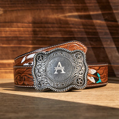 Custom Monogram Name DIY Carved Western Buckle Leather Belt