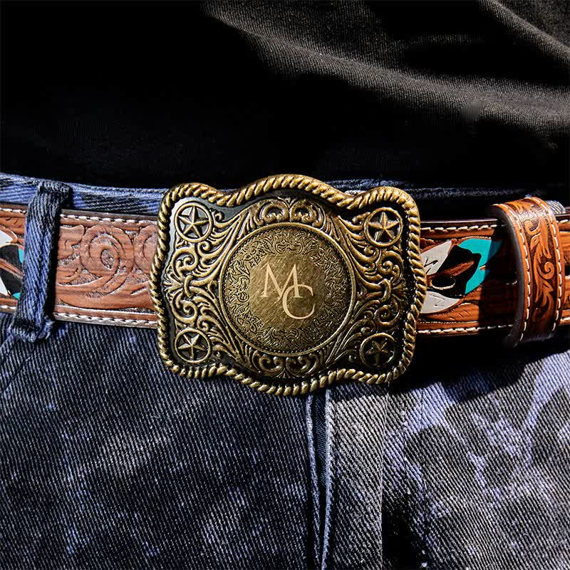 Custom Monogram Name DIY Carved Western Buckle Leather Belt