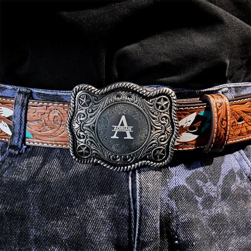 Custom Monogram Name DIY Carved Western Buckle Leather Belt