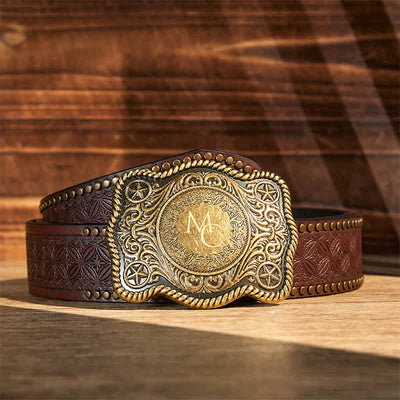 Custom Monogram Name DIY Carved Western Buckle Leather Belt