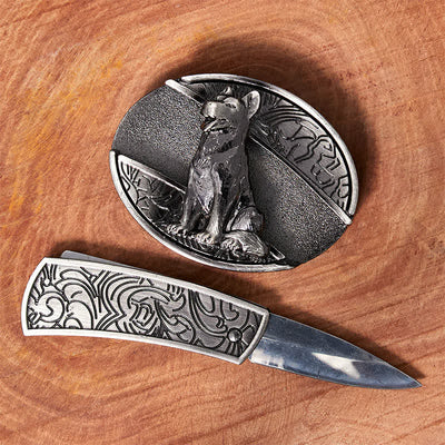 Men's DIY Loyal Dog Hidden Folding Knife Leather Belt