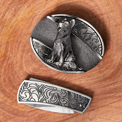 Men's DIY Loyal Dog Hidden Folding Knife Leather Belt