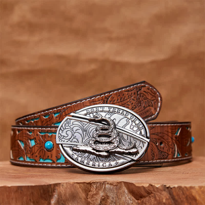 Men's DIY Black Mamba Hidden Folding Knife Leather Belt - Black Mamba - Turquoise Carved Belt - 42 - image 7
