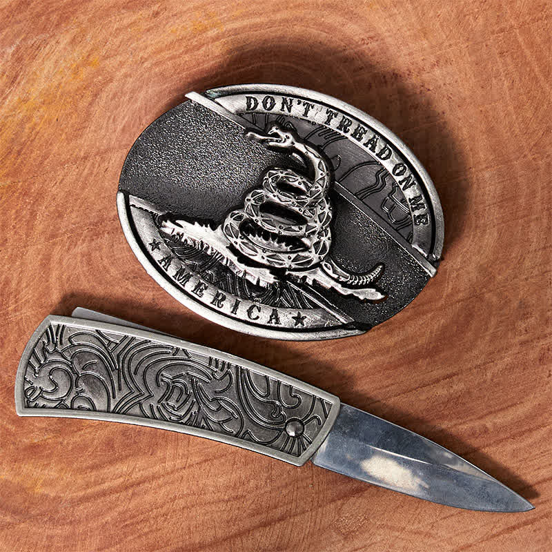 Men's DIY Black Mamba Hidden Folding Knife Leather Belt