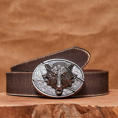 Men's DIY Wolf Head Hidden Folding Knife Leather Belt