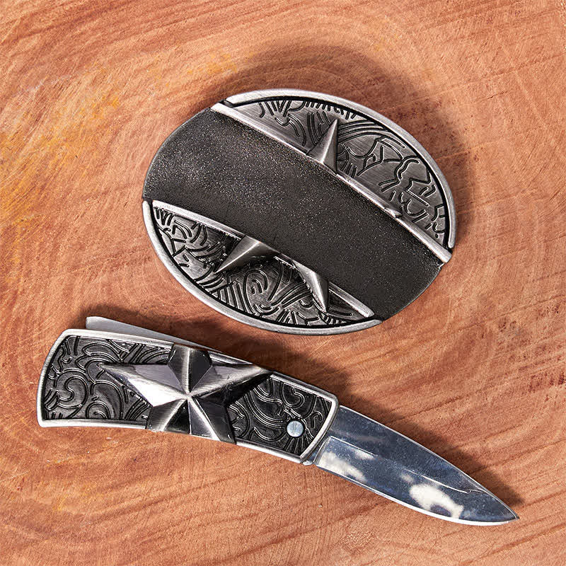 Men's DIY Pentagram Hidden Folding Knife Leather Belt