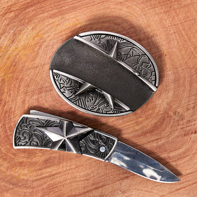 Men's DIY Pentagram Hidden Folding Knife Leather Belt