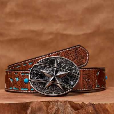Men's DIY Pentagram Hidden Folding Knife Leather Belt