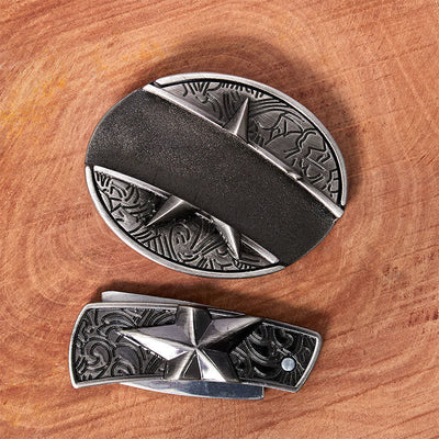Men's DIY Pentagram Hidden Folding Knife Leather Belt