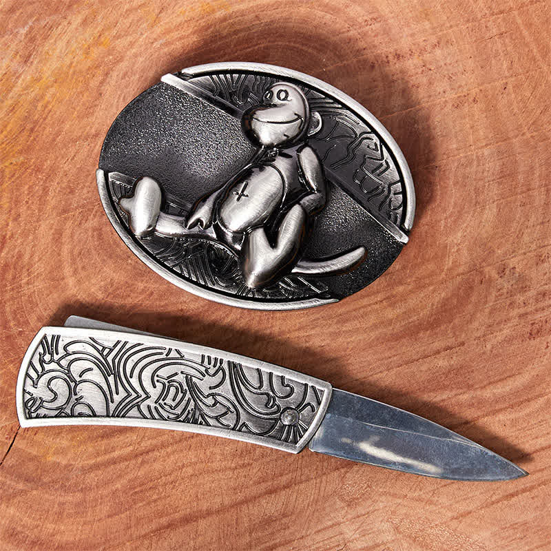 Men's DIY Monkey Hidden Folding Knife Leather Belt