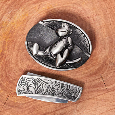 Men's DIY Monkey Hidden Folding Knife Leather Belt