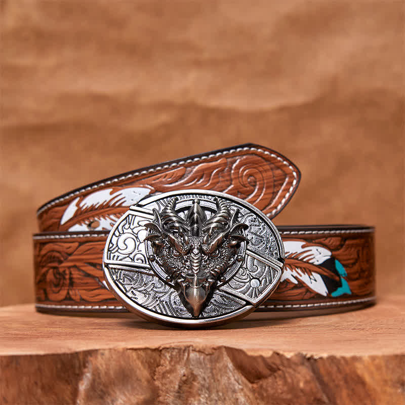 Men's DIY Sharp Dragon Hidden Folding Knife Leather Belt