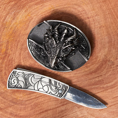 Men's DIY Sharp Dragon Hidden Folding Knife Leather Belt