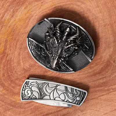 Men's DIY Sharp Dragon Hidden Folding Knife Leather Belt