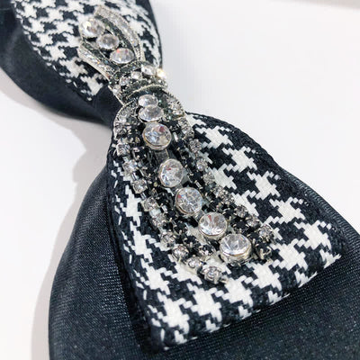 Black Houndstooth Rhinestone Bow Shape Creative Necktie