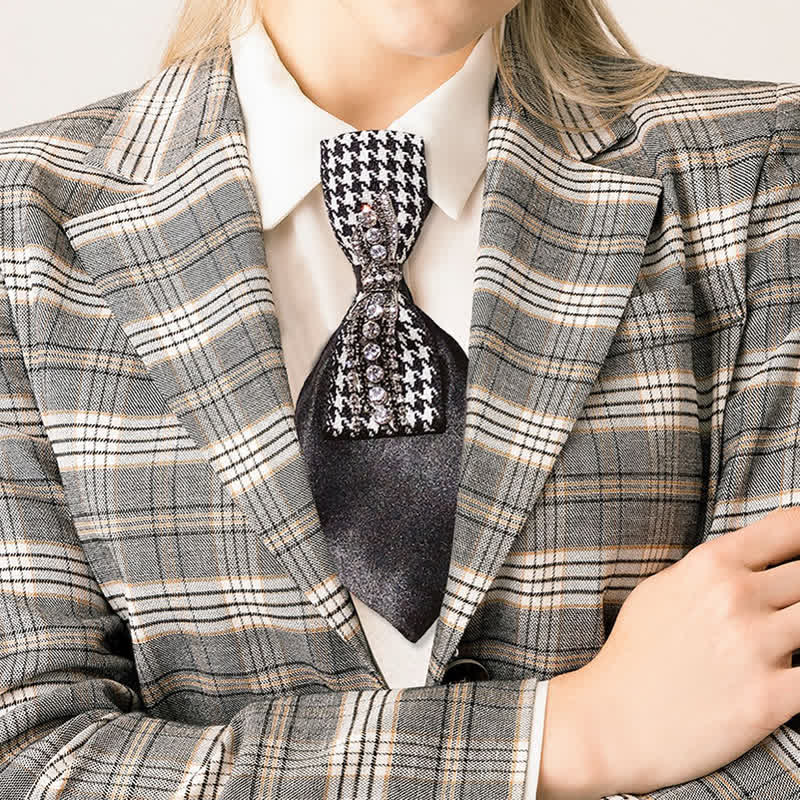 Black Houndstooth Rhinestone Bow Shape Creative Necktie