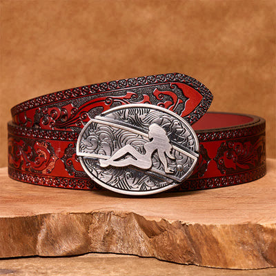 Men's DIY Lady Silhouette Hidden Folding Knife Leather Belt