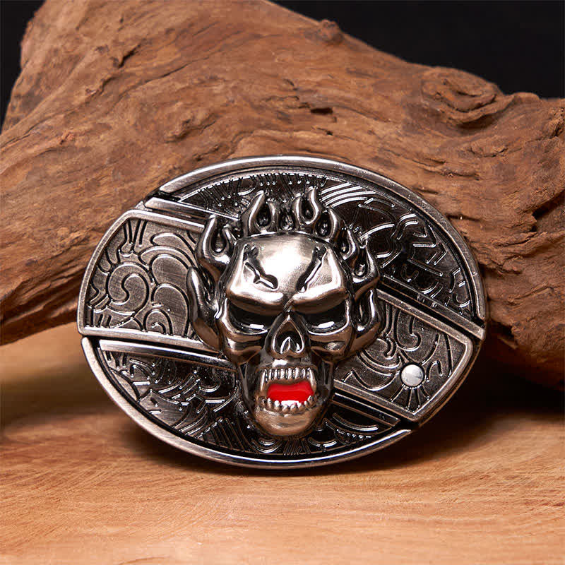 Men's DIY Flame Skull Hidden Folding Knife Leather Belt