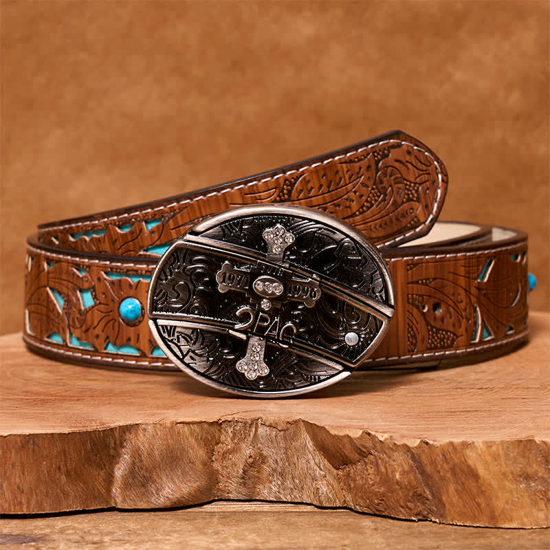 Men's DIY Small Cross Hidden Folding Knife Leather Belt