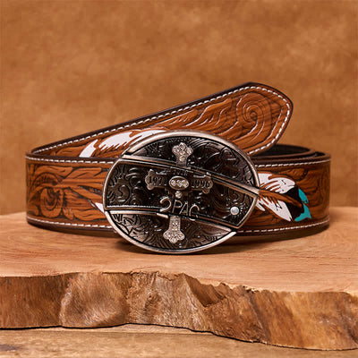 Men's DIY Small Cross Hidden Folding Knife Leather Belt