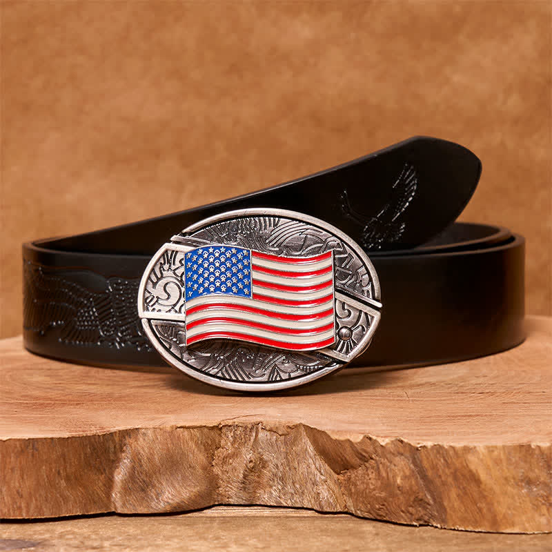 Men's DIY American Flag Hidden Folding Knife Leather Belt - American Flag - Black Embossed Eagle Belt - 42 - image 4
