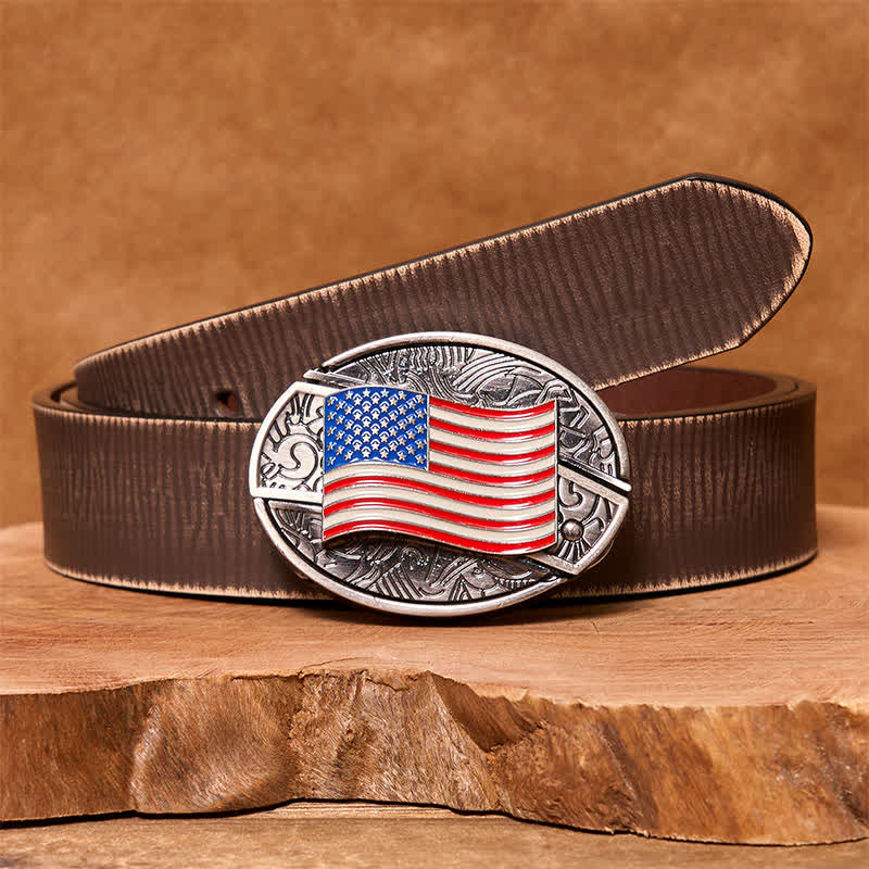 Men's DIY American Flag Hidden Folding Knife Leather Belt