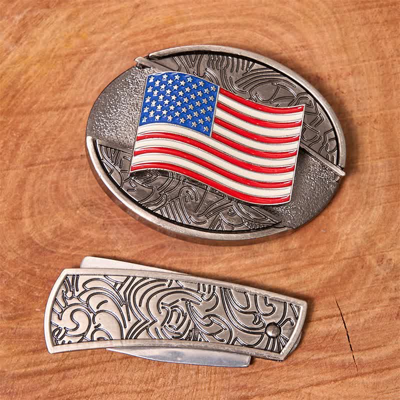 Men's DIY American Flag Hidden Folding Knife Leather Belt