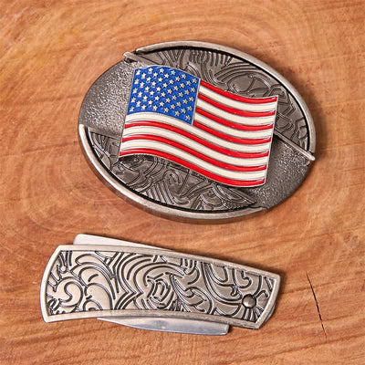 Men's DIY American Flag Hidden Folding Knife Leather Belt