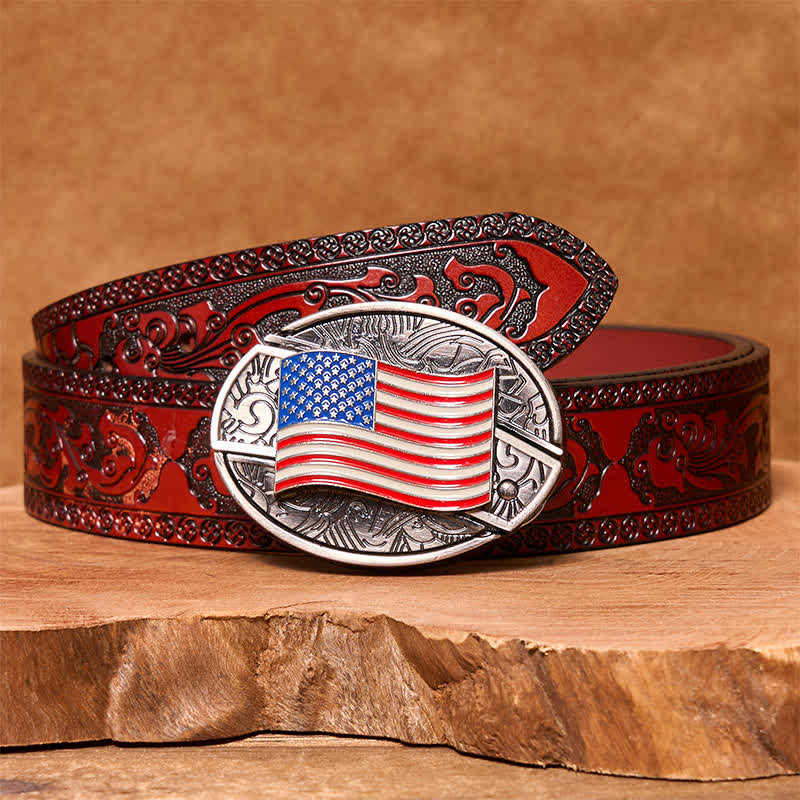 Men's DIY American Flag Hidden Folding Knife Leather Belt