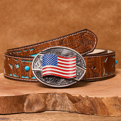 Men's DIY American Flag Hidden Folding Knife Leather Belt