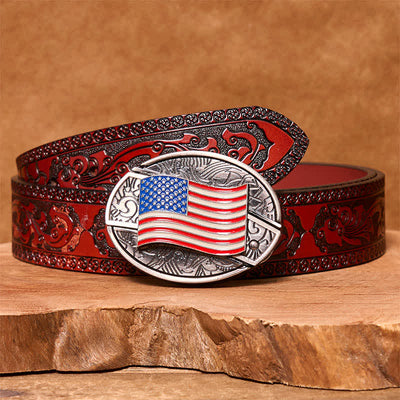 Men's DIY American Flag Hidden Folding Knife Leather Belt - American Flag - Brown Carved Belt - 42 - image 5