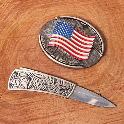Men's DIY American Flag Hidden Folding Knife Leather Belt
