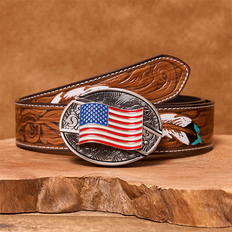 Men's DIY American Flag Hidden Folding Knife Leather Belt - American Flag - Brown Feather Belt - 40 - image 8