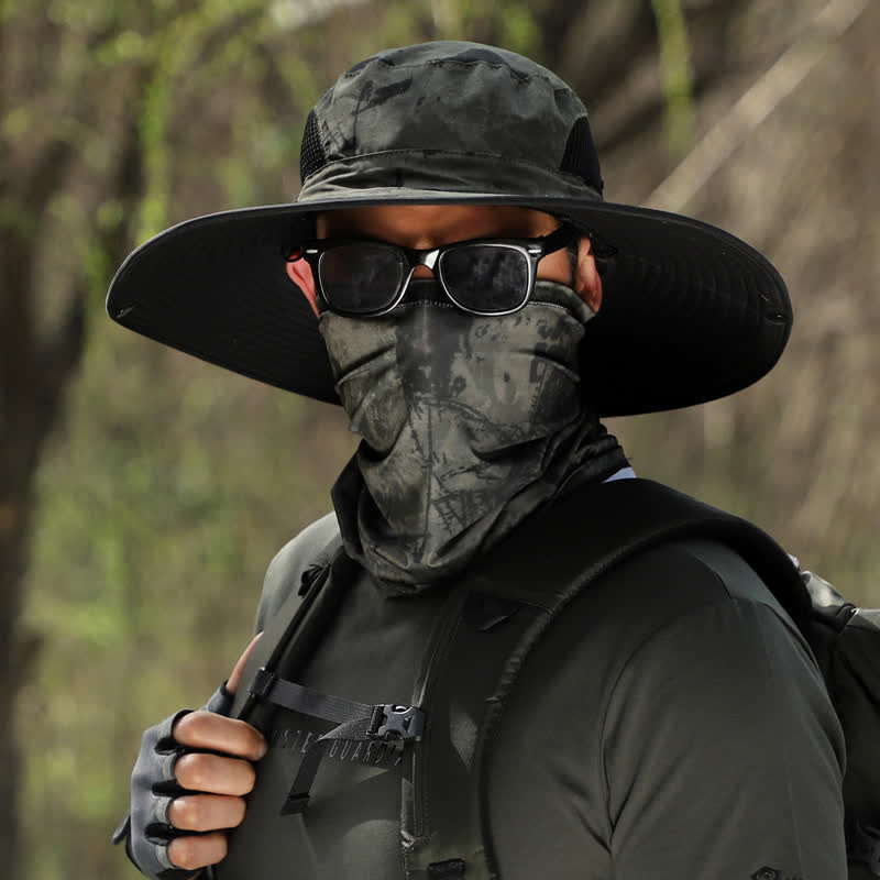 2Pcs Men's Camouflage Face Mask Large Brim Bucket Hat